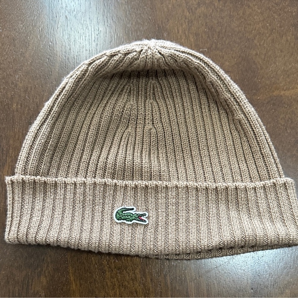 Lacoste Brown/Tan Ribbed Knit Beanie